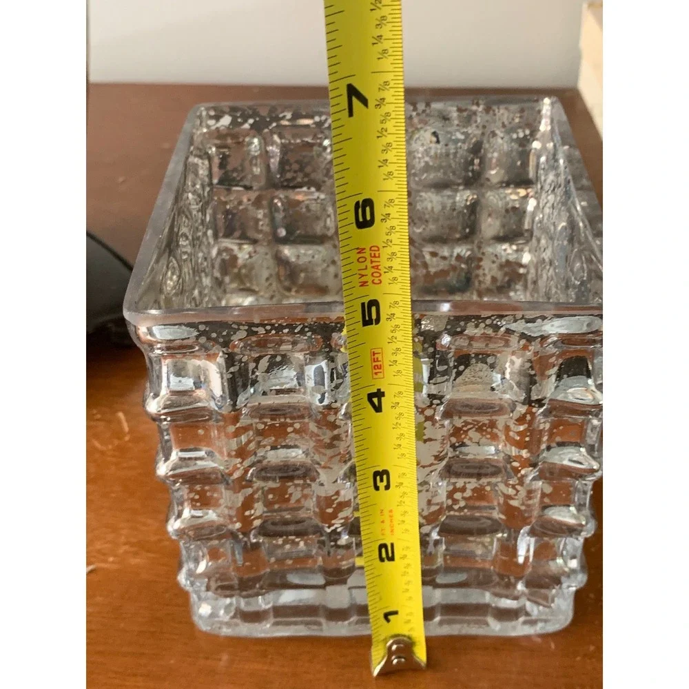Mercury Glass Square Vase Silver Textured Grid Planter Candle Holder 4.5in